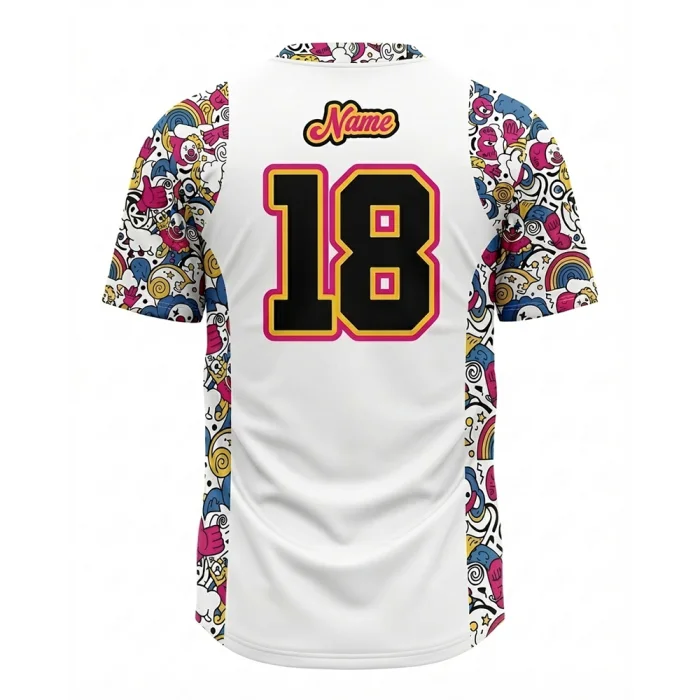 Back view of tonton custom white jersey with vibrant graffiti patterns and number 18.