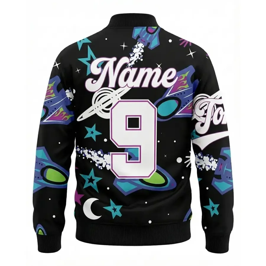 Tonton Galaxy Star Theme Baseball Jacket - Kākahu Pango e Whakaputangia ana me ngā Tūhono Roketō me ngā Āhua Aorangi