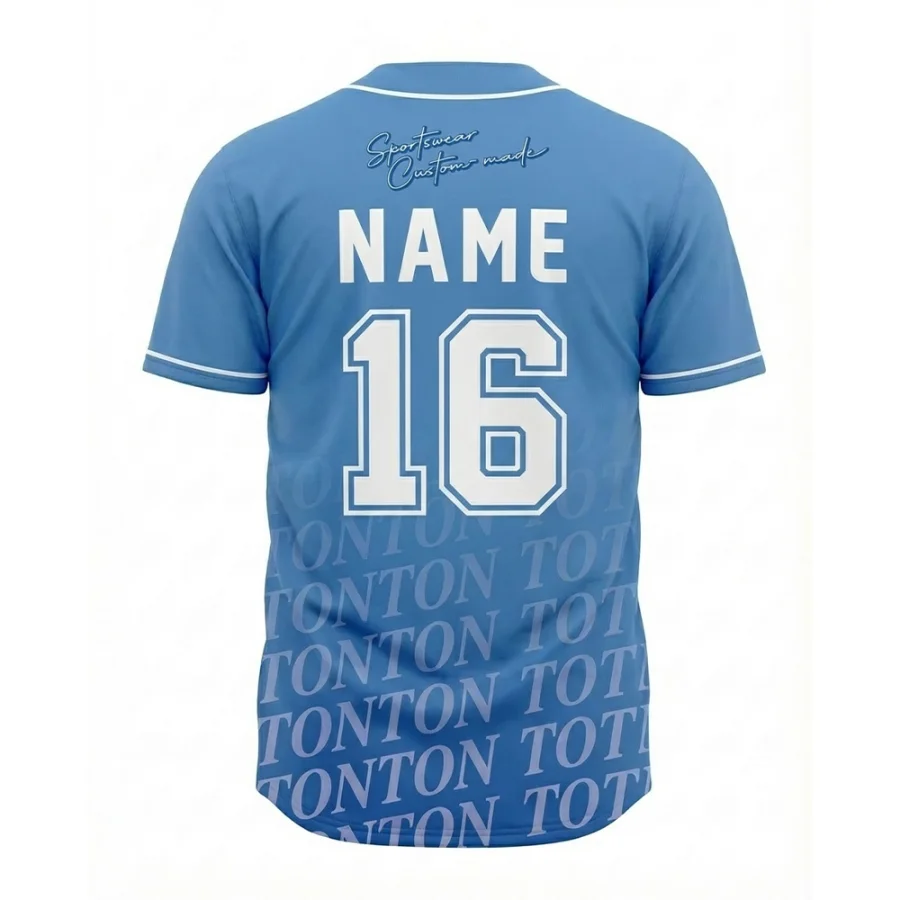 Rear view of Tonton custom blue baseball jersey with repeating pattern and Name 16.