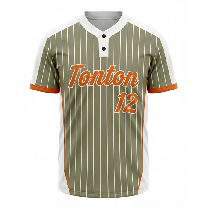 Front view of tonton olive green pinstripe baseball jersey with orange accents and number 12.