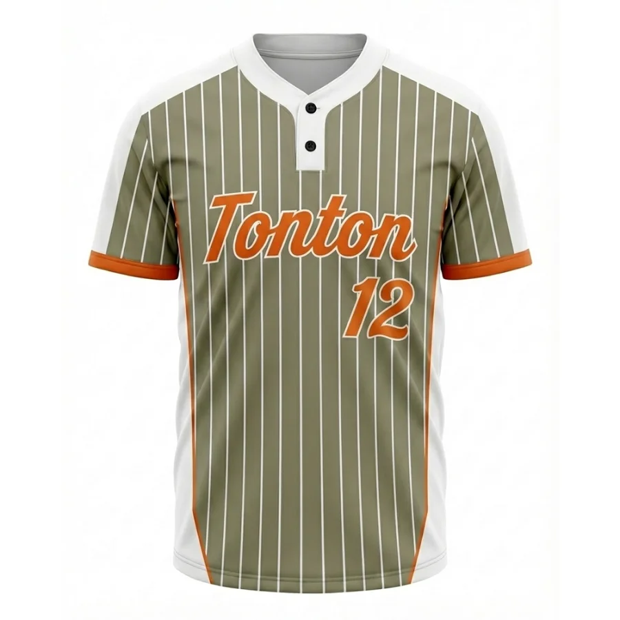 Maglia da baseball Tonton Classic color verde oliva con righe sottili e due bottoni, con dettagli arancione bruciato