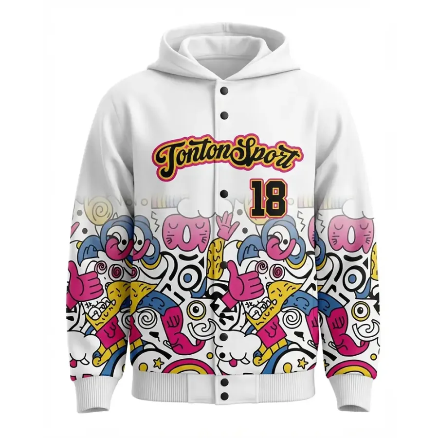 TONTON Creative Pop-Art-Graffiti-Hoodie-Baseballjacke – lebendige Cartoon-Skizzen-Sublimations-Outerwear
