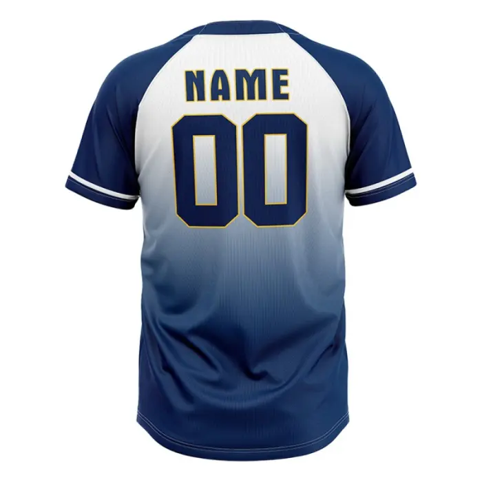 Back view of tonton sublimated gradient baseball jersey in blue and white with number 00.