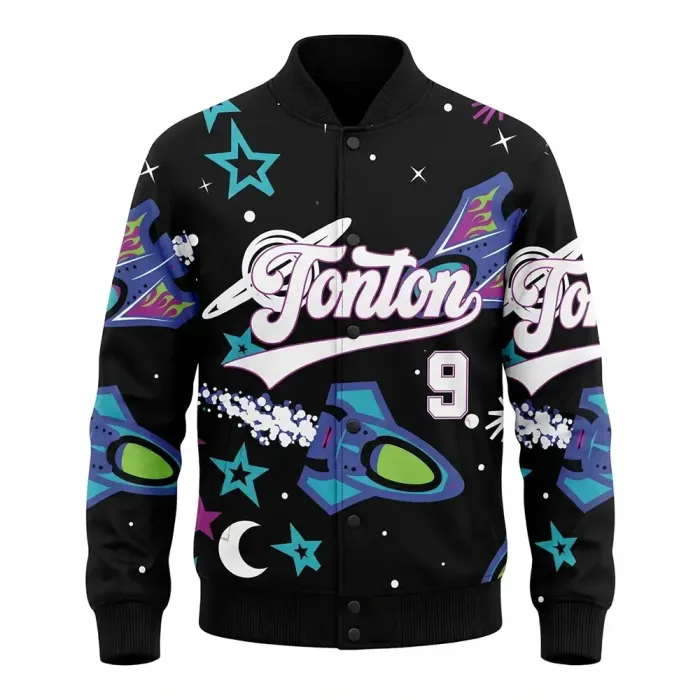 Front view of tonton black space themed baseball jacket with rocket, planet, and star graphics.