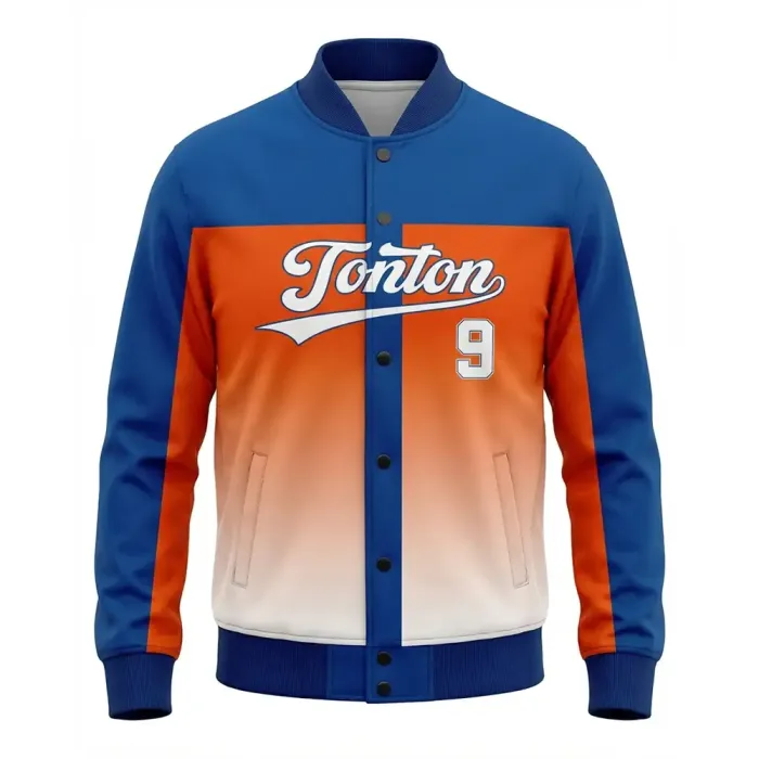 Front view of tonton custom baseball jacket with blue, orange, and white sunset gradient design.