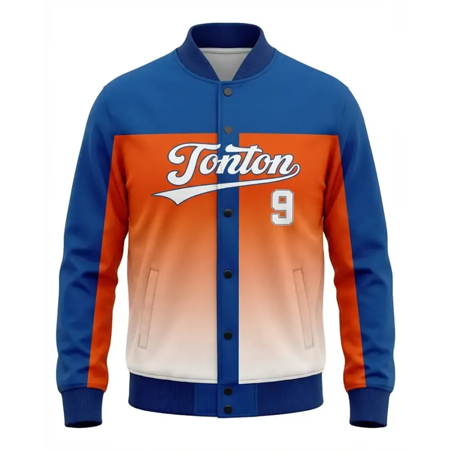 Tonton Classic Blue and Orange Gradient Varsity Jacket - Custom Sublimated Baseball Outerwear