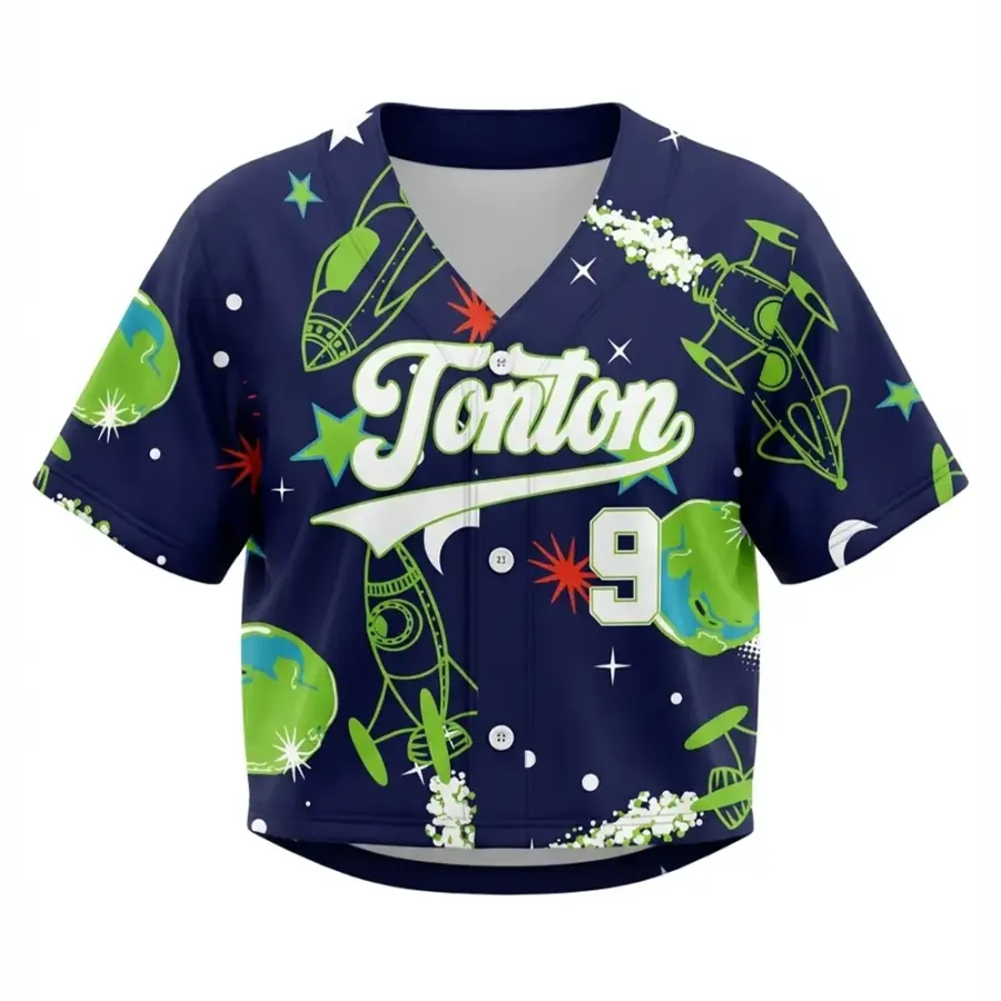 Tonton Galaxy Space Theme Cropped Baseball Jersey - Rocket & Earth Sublimation Print