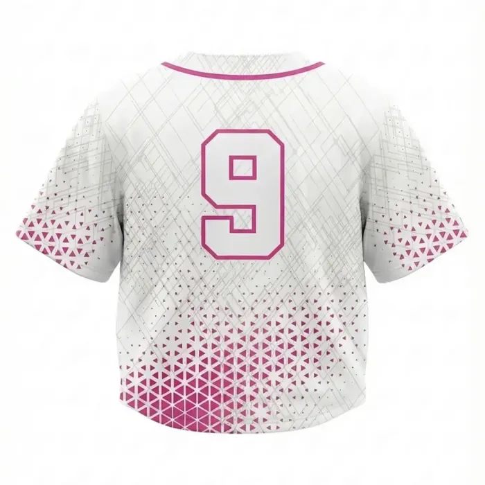 Back view of tonton white baseball crop jersey with pink geometric sublimation and number 9.