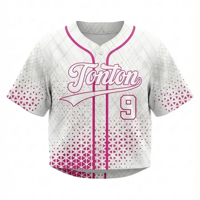 Front view of tonton custom white and pink baseball crop top with geometric triangle patterns and script logo.