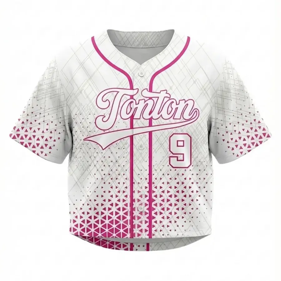 Tonton White and Pink Geometric Pattern Cropped Baseball Jersey - Custom Sublimated Stylish Teamwear