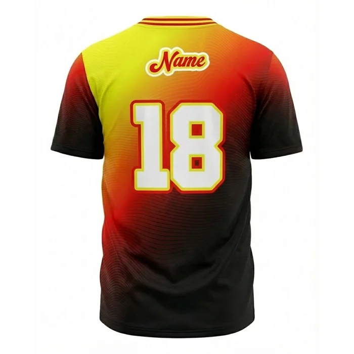 Back view of tonton custom flame-colored baseball jersey with number 18 and logo.