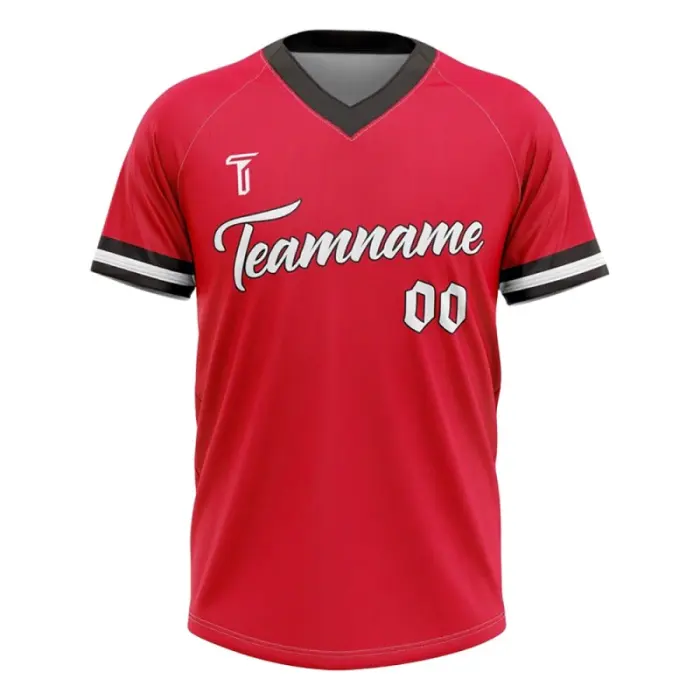 Front view of tonton vibrant red V-neck baseball jersey with black and white striped trim on sleeves.