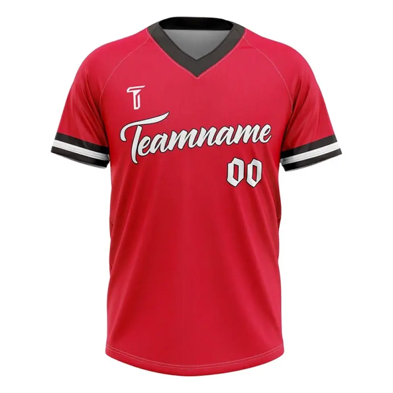 Maglietta da baseball Tonton Athletic rossa con scollo a V – Maglietta professionale sublimata in stile raglan con piping a contrasto