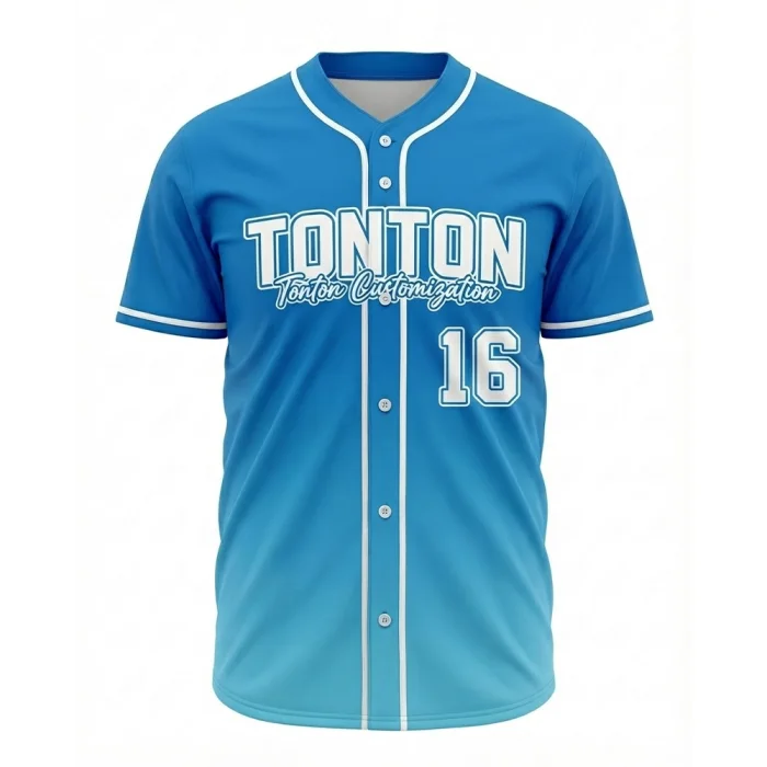 Tonton bright blue gradient full button baseball jersey with white piping and number 16.