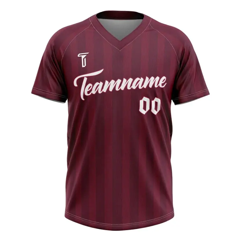 Maglietta da baseball personalizzata TONTON color Borgogna con righe sottili – Jersey con scollo a V e maniche raglan per gli allenamenti di squadra