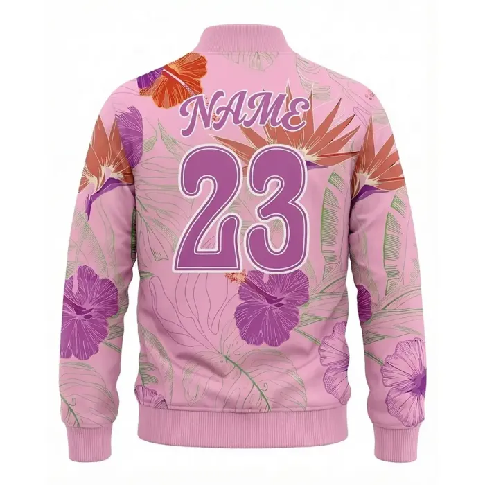 Back view of tonton floral pink team jacket featuring customizable name and number 23.