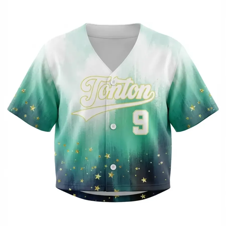 Tonton Teal Gradient Galaxy Star Cropped Baseball Jersey - Customizable Breathable Female Fan Wear