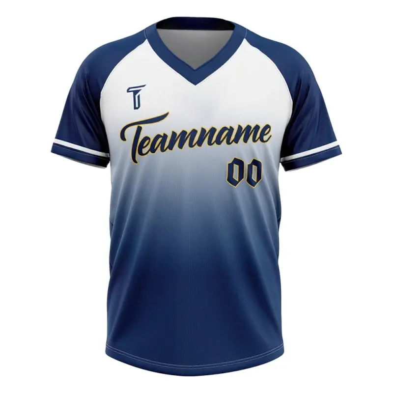 T-shirt da baseball TONTON blu navy con sfumatura verso il bianco – maglia personalizzata a manica raglan con scollo a V per leghe amatoriali