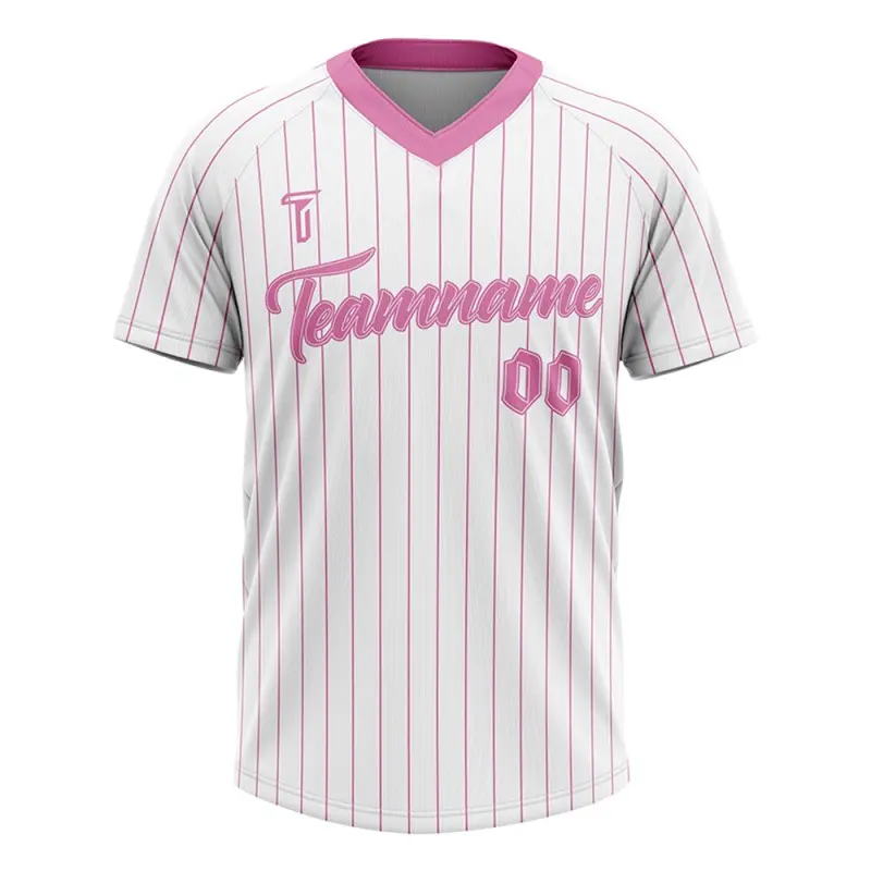 TONTON Pastellrosa Streifen-Baseball-T-Shirt – individuelles Raglan-V-Ausschnitt-Trikot für Jugendmannschaften
