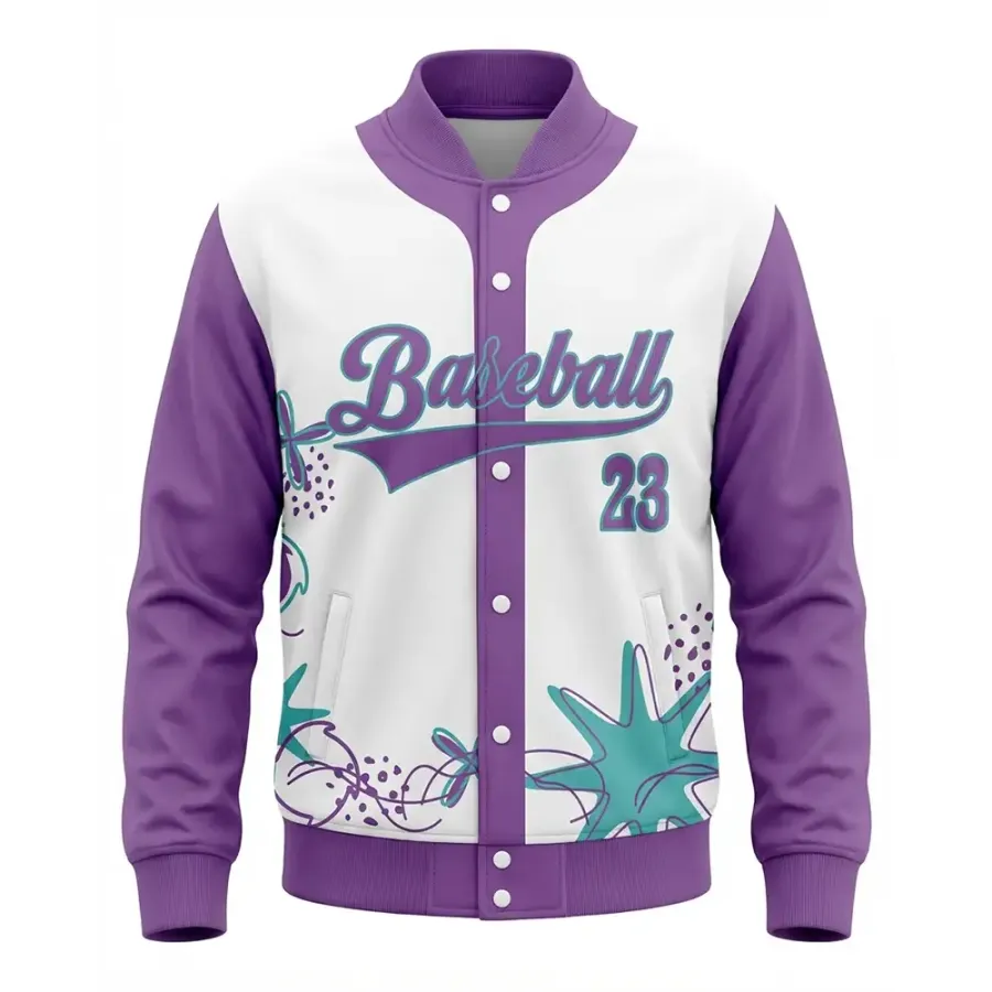TONTON individuelle College-Jacke in Lila und Weiß – abstraktes Stern-Motiv, sublimierter Baseball-Parka