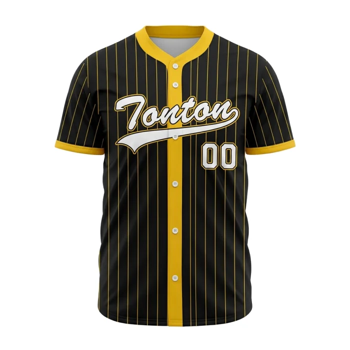 Front view of tonton custom black pinstripe baseball game jersey with gold accents and "Tonton" logo.