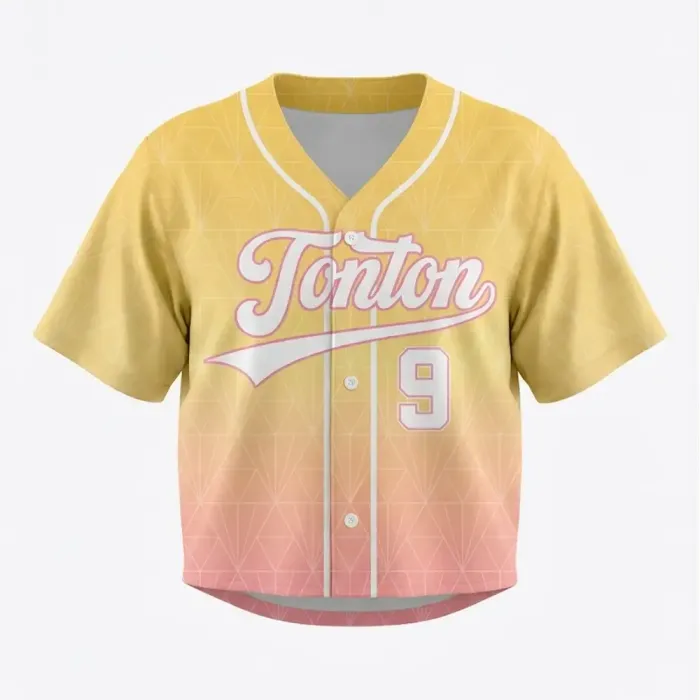 Front view of tonton yellow and peach sunset gradient baseball crop top with white script logo.
