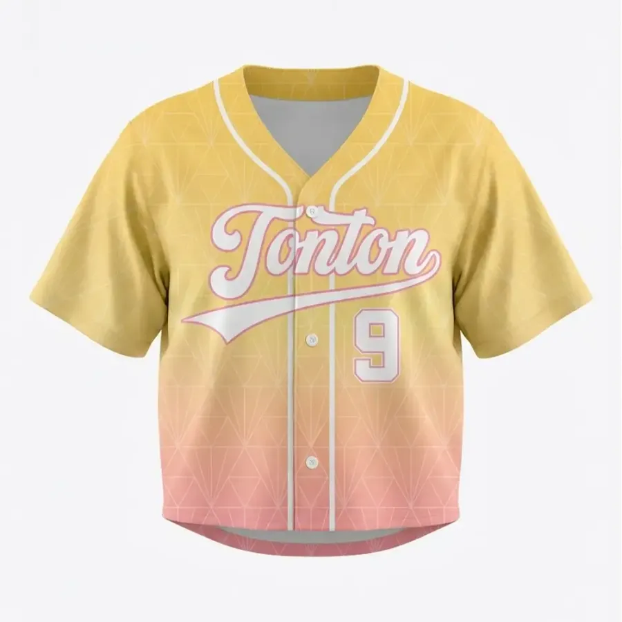 Tonton Sunset Yellow to Pink Gradient Cropped Baseball Jersey - Vibrant Full-Sublimation Fashion Top