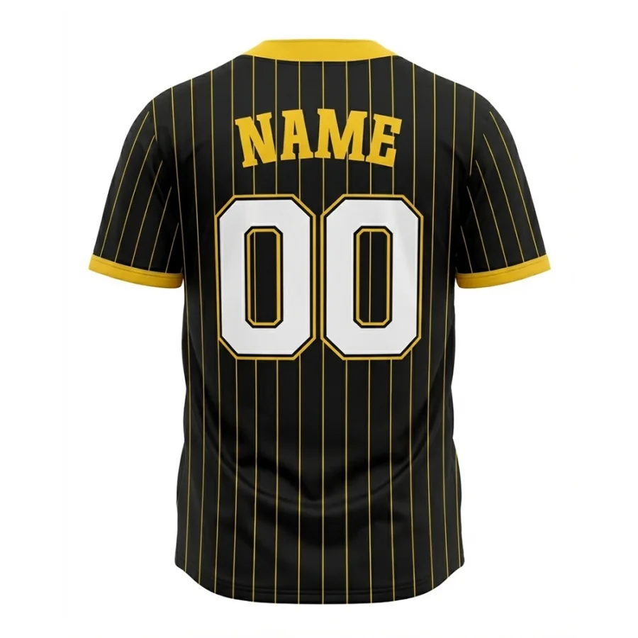 Back view of tonton black pinstripe baseball jersey featuring customizable name and number 00 in gold.