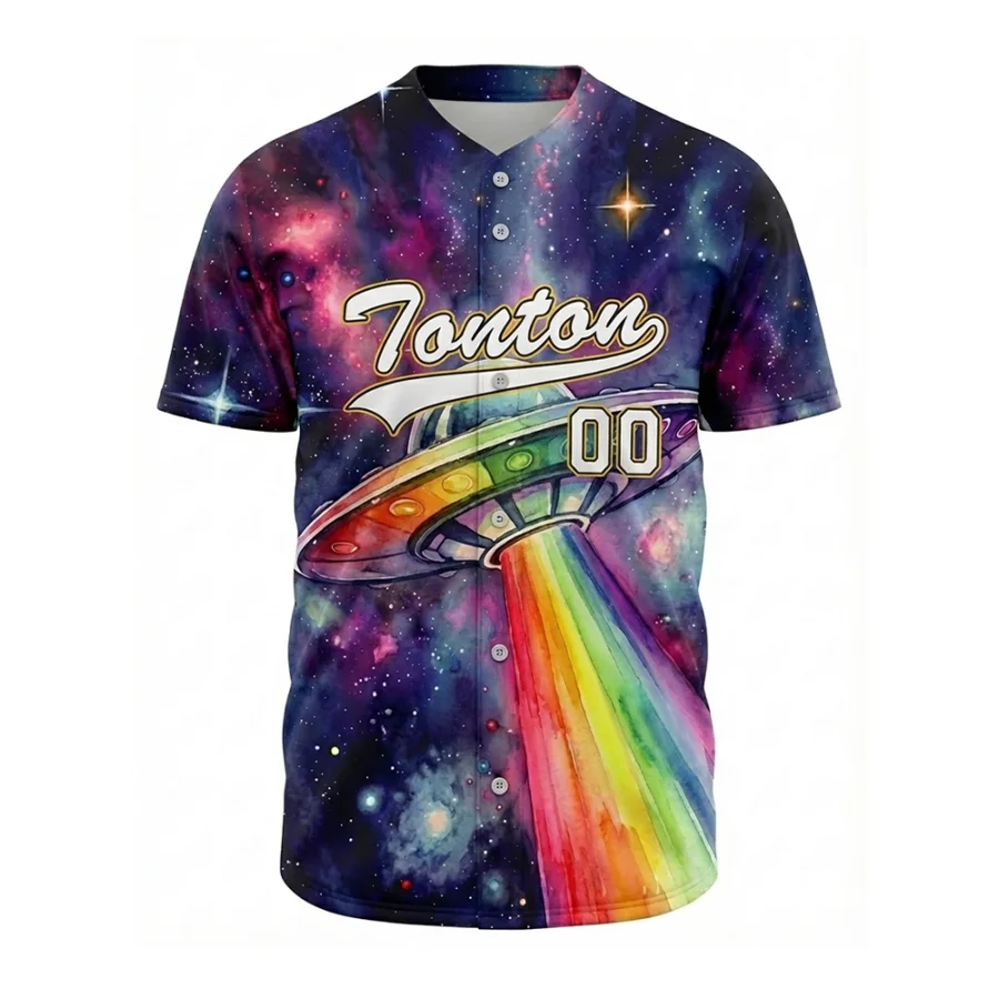 TONTON Galaxy Space-tema baseballtrøje med regnbue-UFO-sublimeringskunst