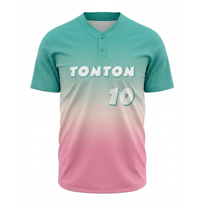 Front view of tonton custom baseball jersey with teal and pink gradient design and number 10.