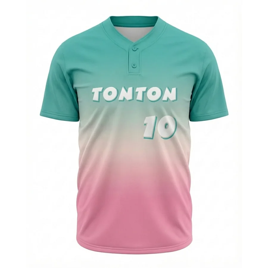 TONTON To-knaps Henley Baseball-trøje – Ydelses-trøje i pastelgrøn til lyserød ombre