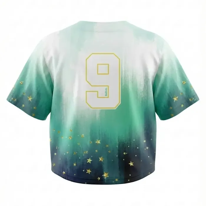 Back view of tonton custom galaxy theme baseball crop jersey with star graphics and number 9.