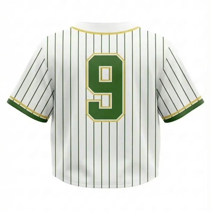Back view of tonton green and white pinstripe baseball crop jersey with bold number 9.