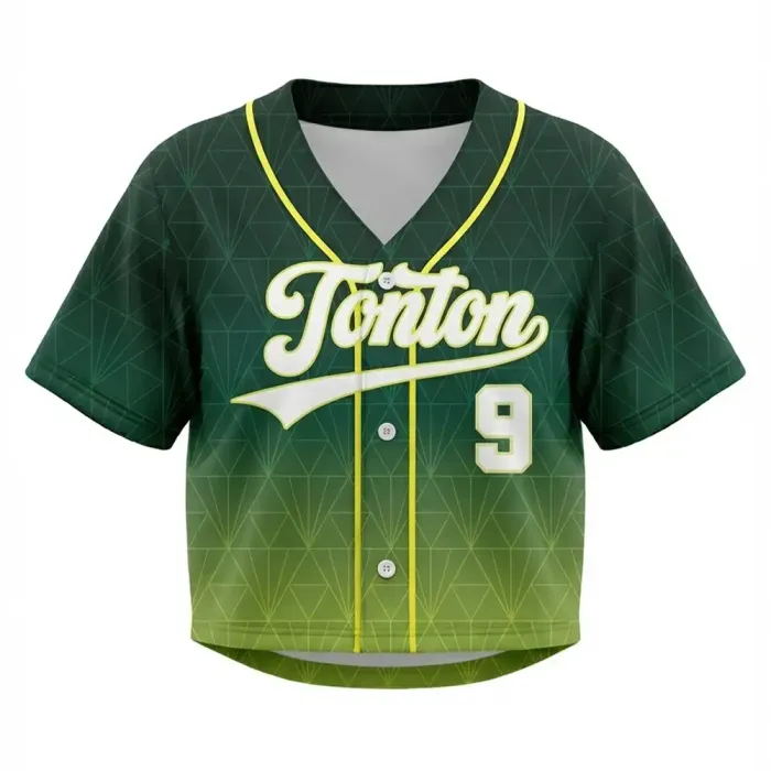 Front view of tonton forest green gradient baseball crop top with yellow trim and script "Tonton" text.