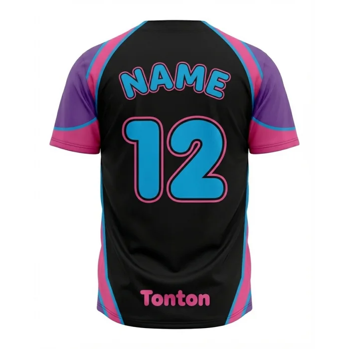 Back view of tonton vibrant sublimated baseball jersey with cyan name and number 12.