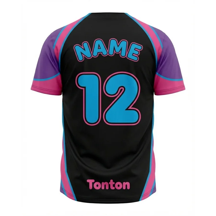 Back view of tonton vibrant sublimated baseball jersey with cyan name and number 12.