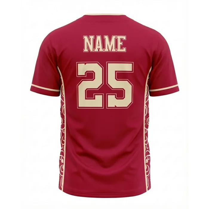 Back view of tonton maroon team baseball jersey with leopard side accents and number 25.
