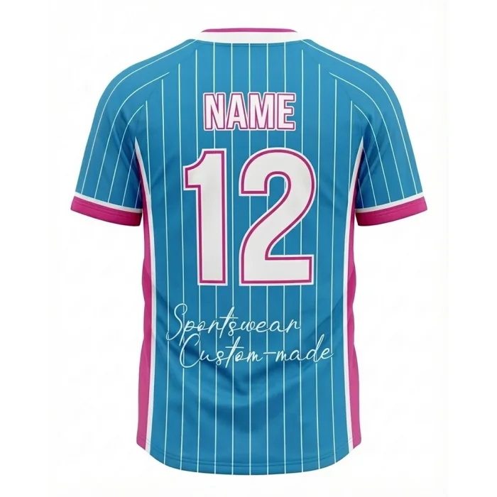 Back view of tonton cyan custom baseball jersey with pink trim and number 12.