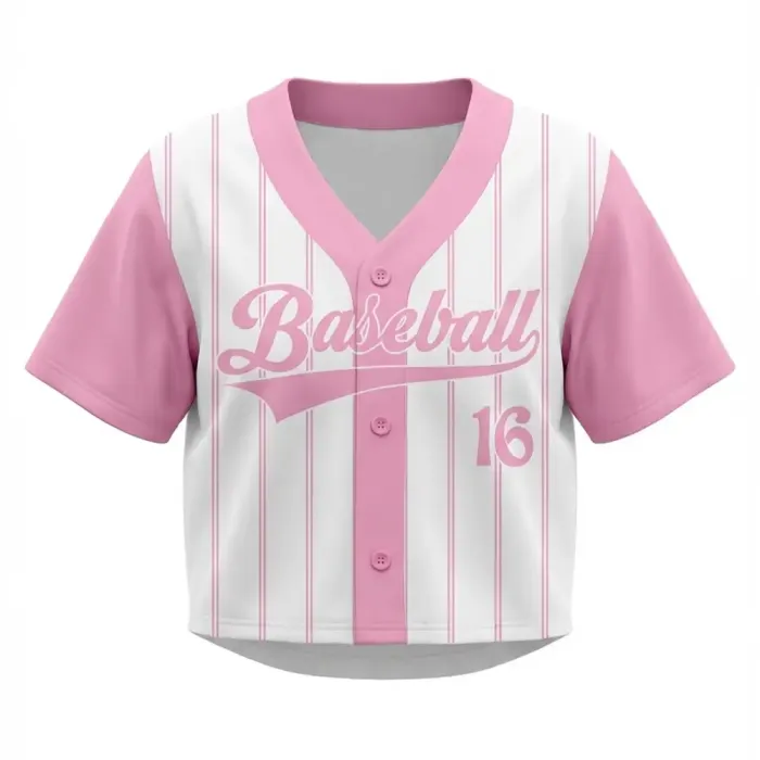 Front view of tonton pink and white custom pinstripe baseball crop top for ladies' team sports.