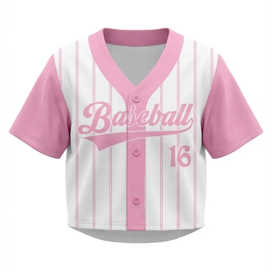 Tonton Fun Pink and White Pinstripe Cropped Baseball Jersey Custom School Sports Performance Wear