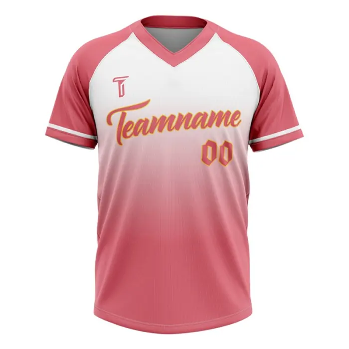 Front view of tonton pink and white gradient V-neck baseball practice jersey with raglan sleeves.