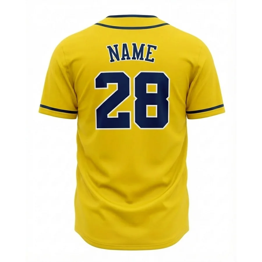Back view of Tonton yellow baseball jersey with navy blue Name and number 28.