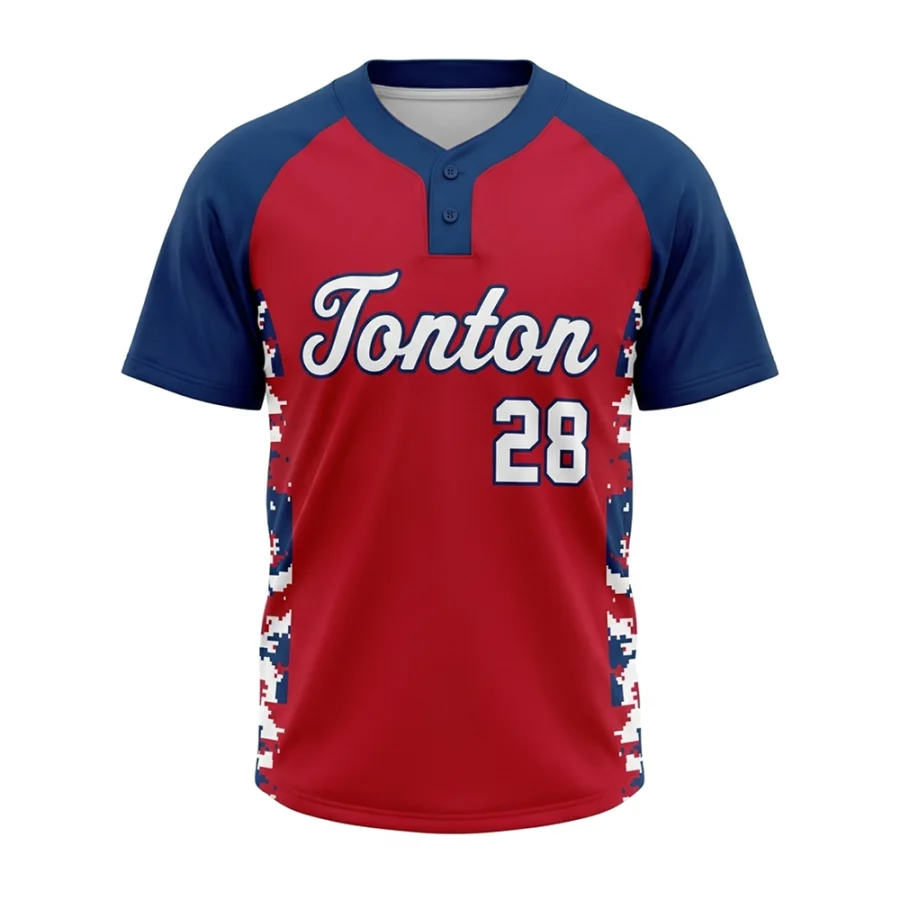 TONTON Athletic baseballtrøje i rød og mørkeblå farve med to knapper og digitale camouflage-sider