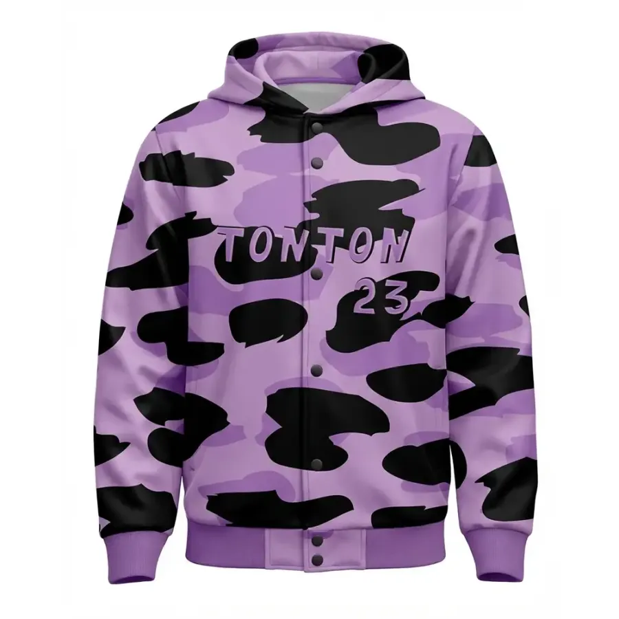 TONTON Einzigartige College-Jacke mit Kapuze in Lila mit Kuhmuster – individuell bedrucktes Baseball-Oberteil mit Sublimationsdruck