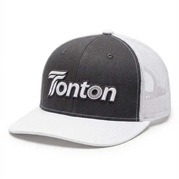 Front view of tonton custom charcoal grey and white mesh trucker hat with 3D silver embroidered logo.