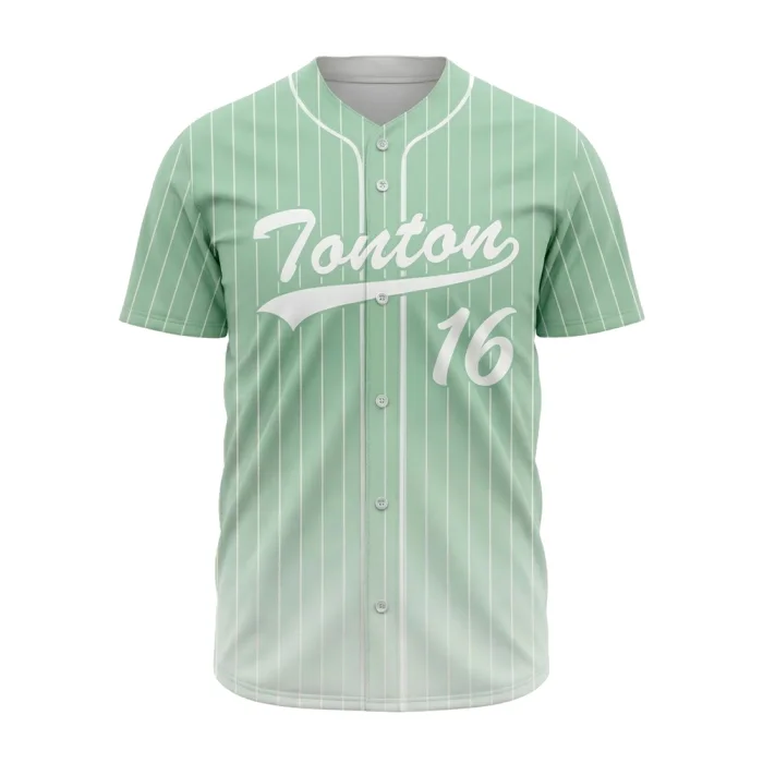 Tonton custom mint green pinstripe baseball jersey with full button and number 16.