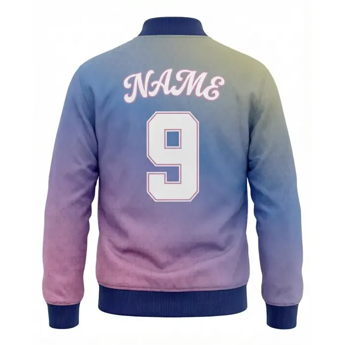 Back view of tonton custom galaxy gradient jacket with athletic ribbed cuffs and number 9.