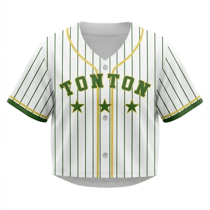 Front view of tonton custom white baseball crop top with green pinstripes, stars, and arched "TONTON" text.