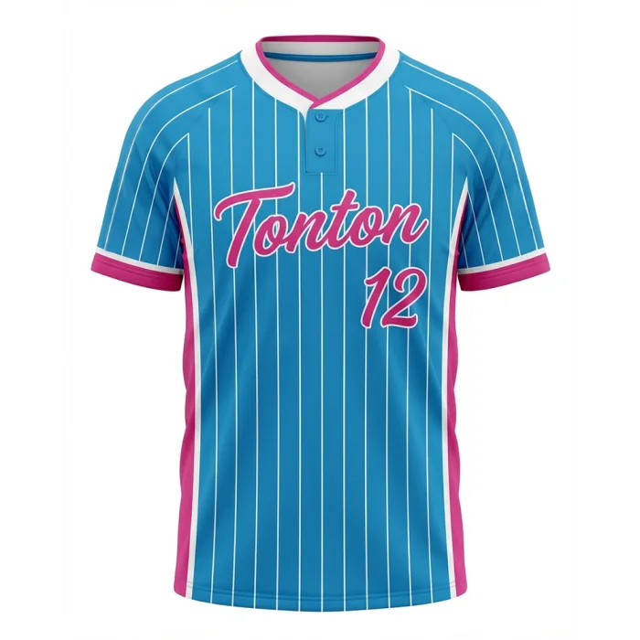 Front view of tonton cyan blue pinstripe baseball jersey with pink logo and white pinstripes.