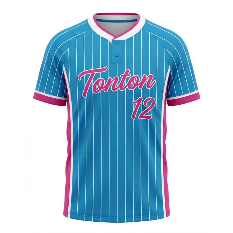 Maglia da baseball TONTON ciano vibrante con righe sottili e due bottoni, con logo del team in rosa neon